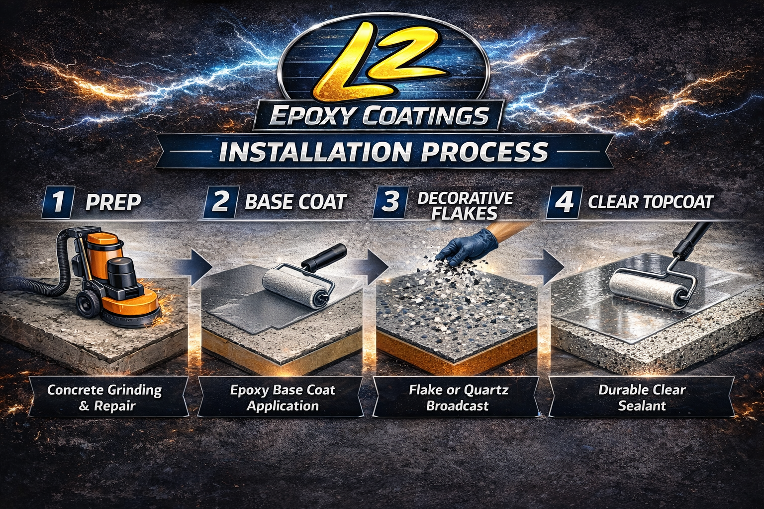 Infographic showing the four-step L2 Epoxy Coatings installation process: prep, base coat, decorative flakes, and topcoat.