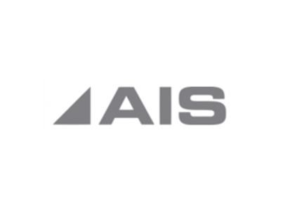 AIS logo, gray text on white background. Gray triangle beside the word AIS.