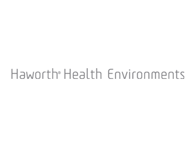 Haworth Health Environments logo in gray on white background.