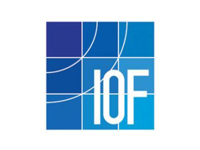 IOF logo: white letters on blue square with curved white lines.