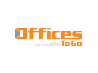 Logo for Offices To Go, orange text with a gray right-facing arrow,