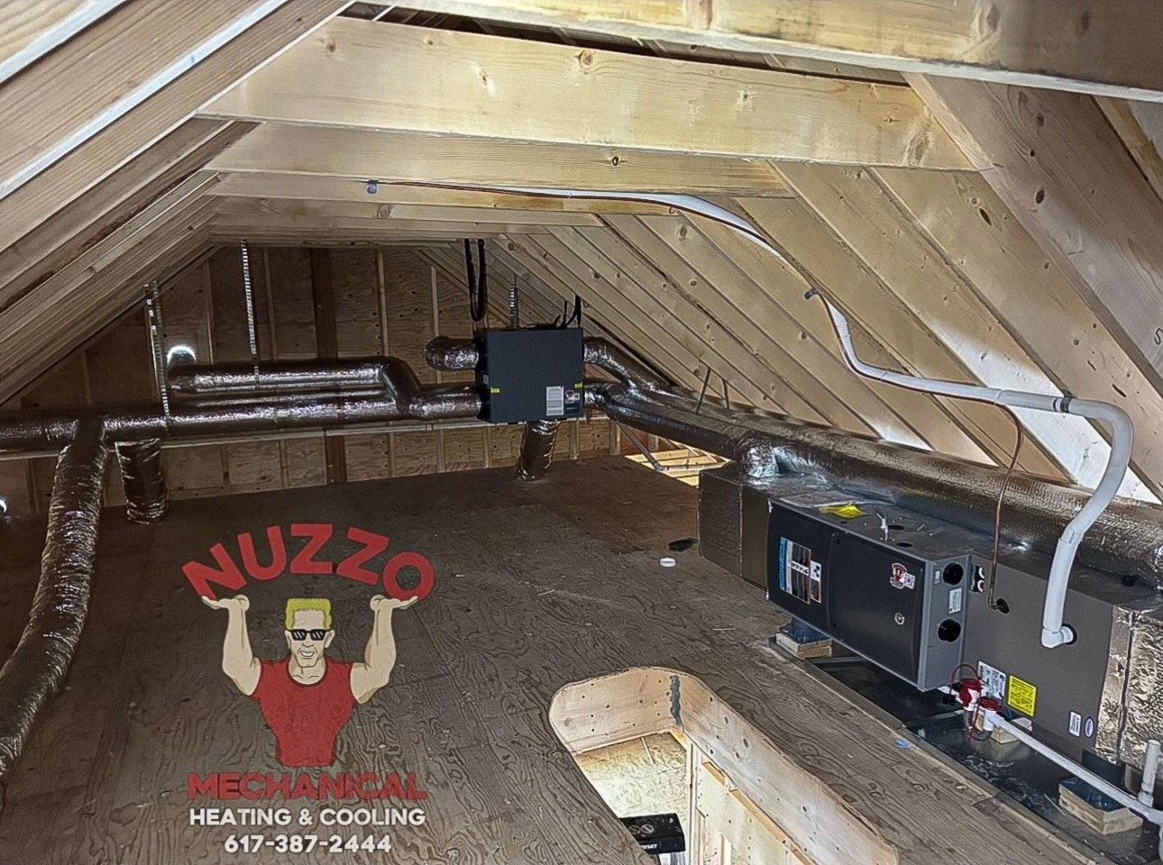 An attic with a heating and cooling system in it