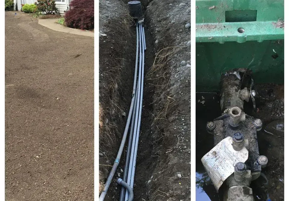 Three images: a driveway, a trench with pipes, and a valve box with plumbing.