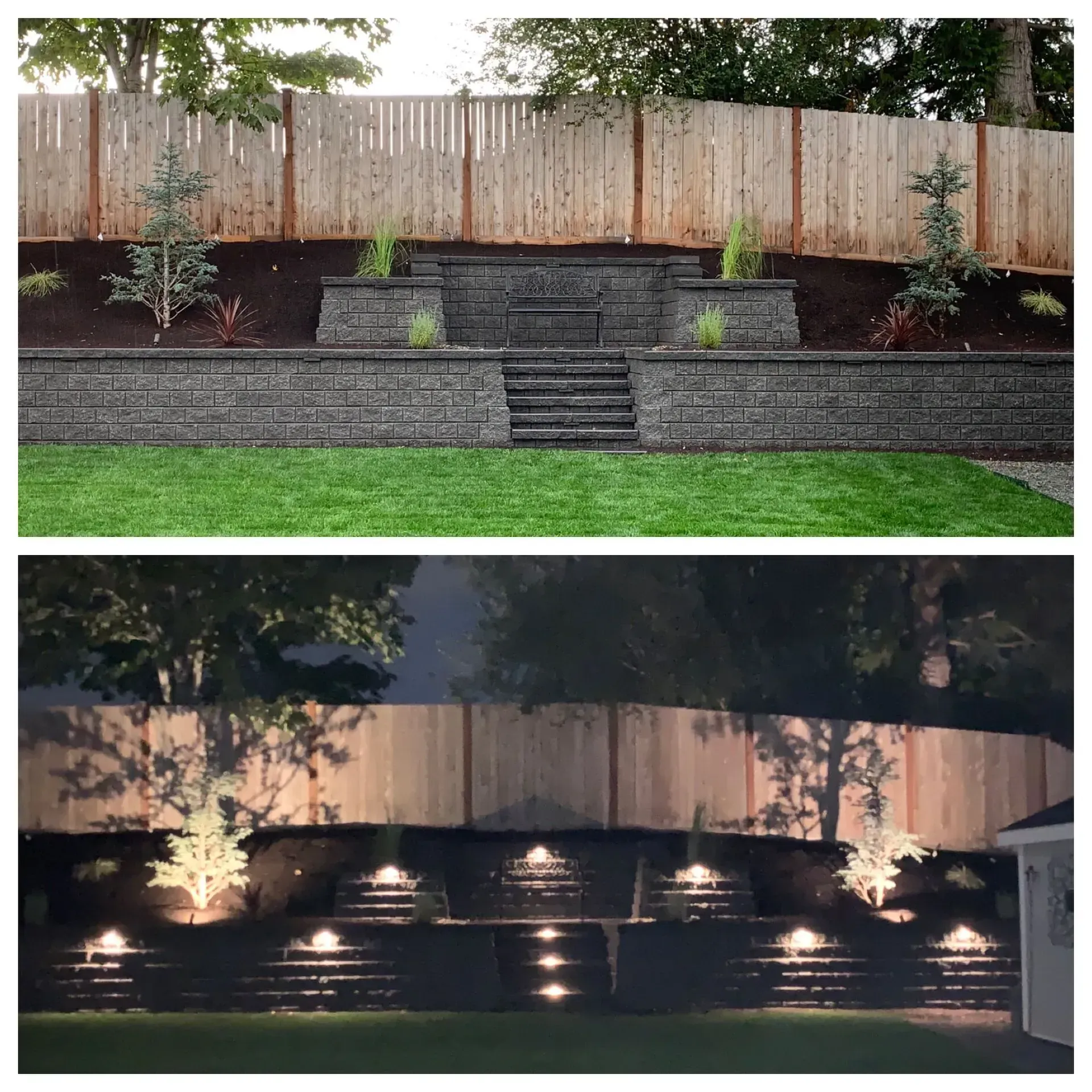 Day and night views of a tiered retaining wall with steps and landscaping, lit with spotlights at night.