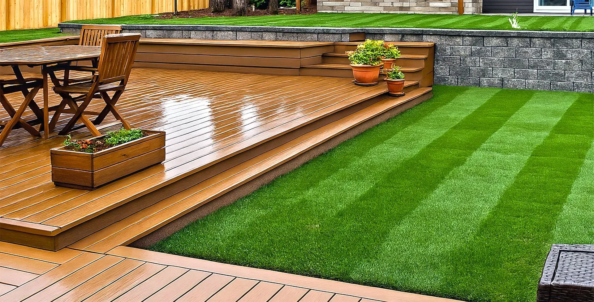Wooden deck with outdoor dining set next to striped green lawn and stone wall.