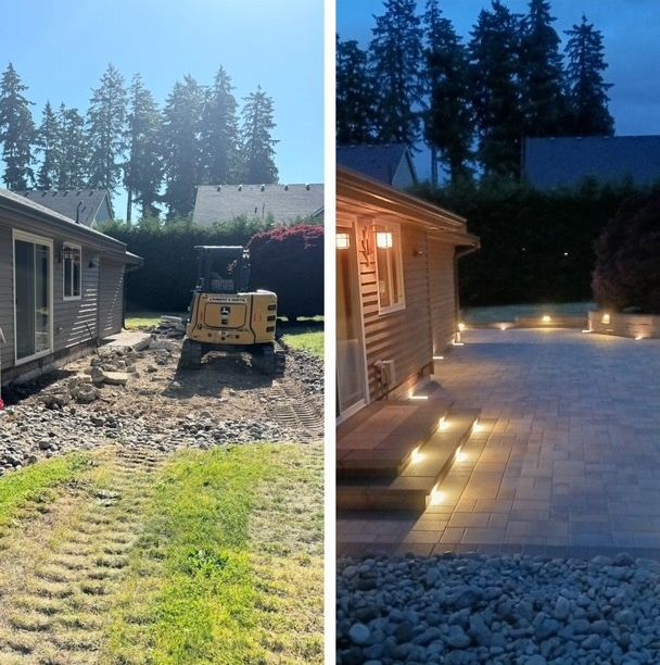 Before-and-after of a backyard renovation. Daytime view of construction, nighttime view with installed lights along a patio.
