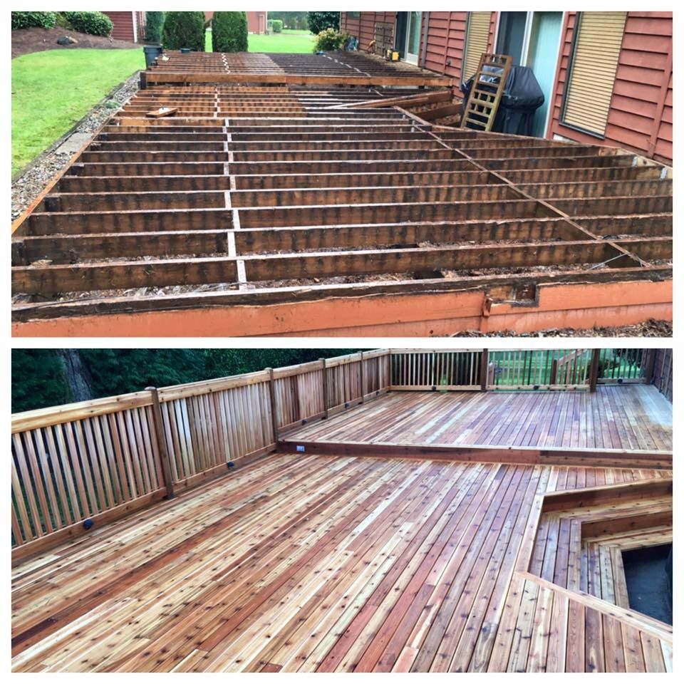 Deck before and after renovation: old deck with exposed wood, new deck with cedar boards and railing.