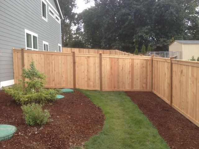 Wooden fence encloses a grassy yard with a bark mulch bed, small bushes, and a house.