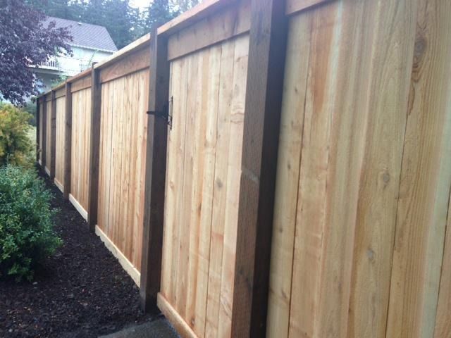 Wooden privacy fence with dark trim and a latch, along a landscaped yard.