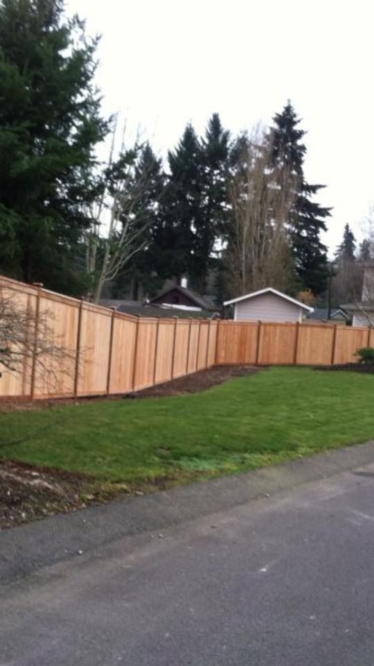 Wooden fence curves along a green lawn near a residential street, with trees in the background.