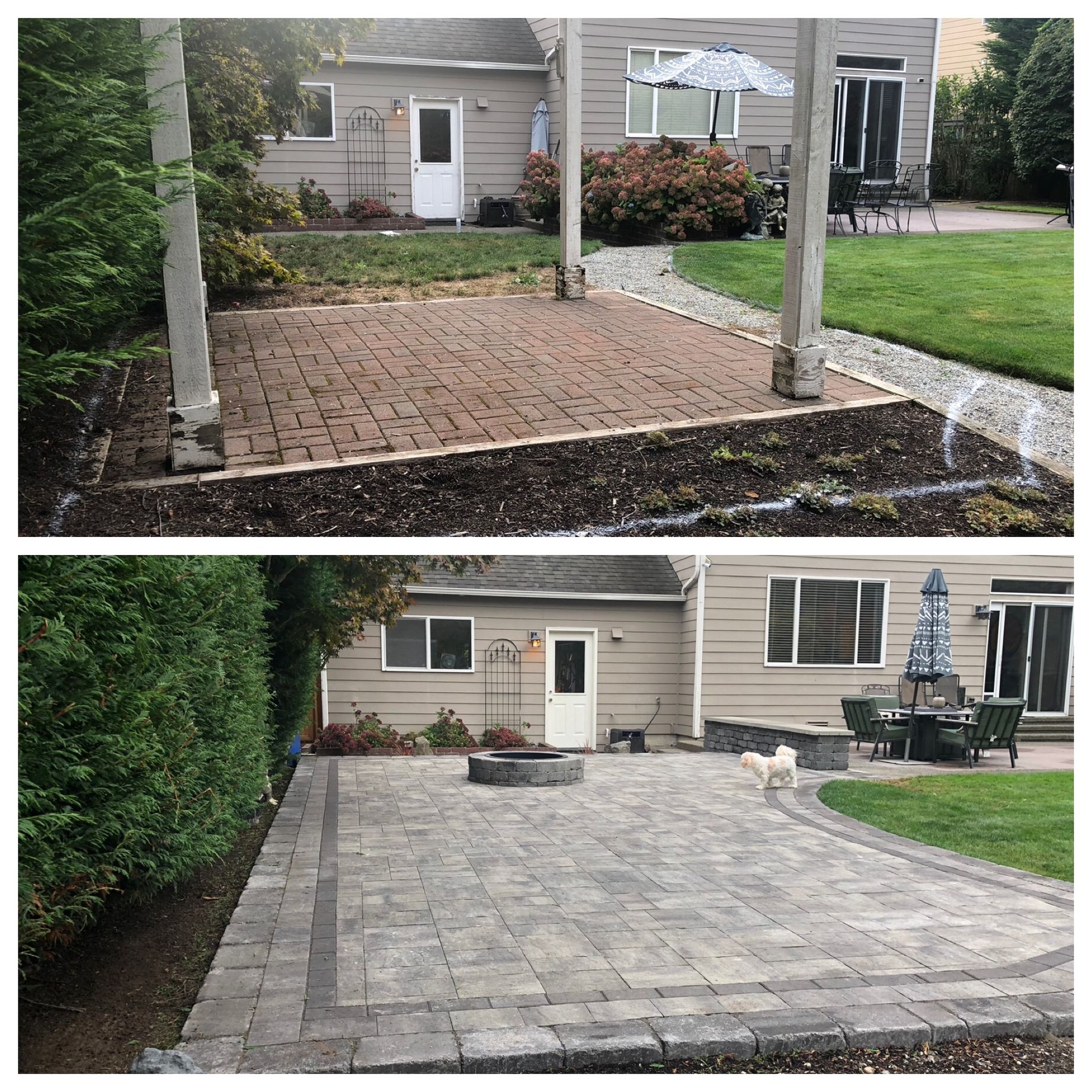 Before and after photos of a patio renovation: red brick to gray pavers, fire pit added, grass and landscaping.