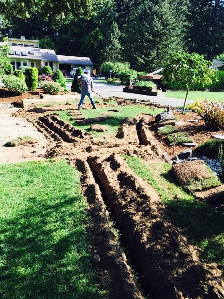 Man digging trenches in a residential front yard for landscaping; grass, dirt, and houses visible.