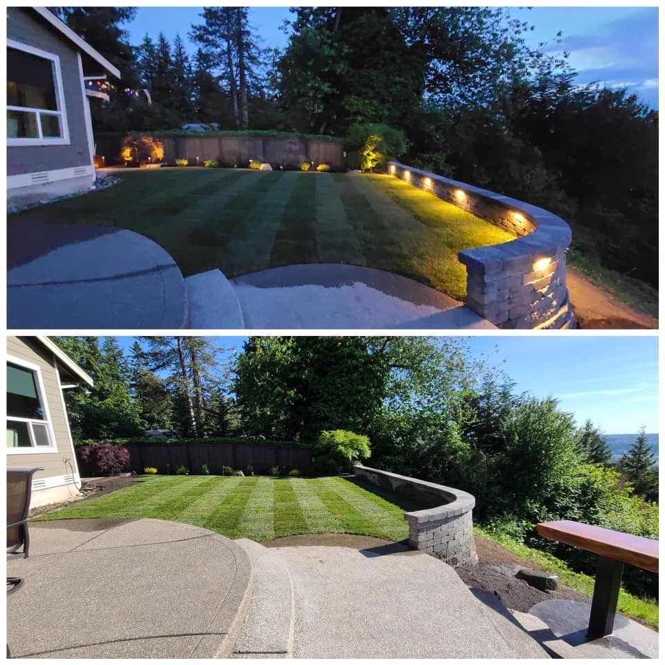 Night and day view of a manicured yard with a stone retaining wall and landscape lighting.