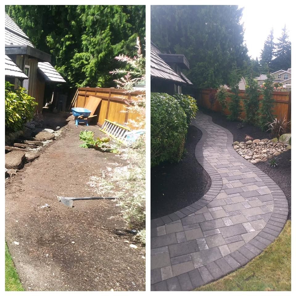 Before and after of a walkway, with dirt on the left and finished brick pavers on the right, along a house and landscaping.