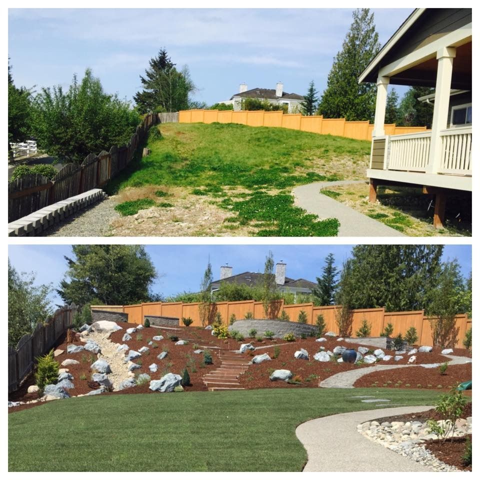 Before and after of a backyard landscaping project. Green grass, rocks, woodchips, and trees added to replace a grassy hill.