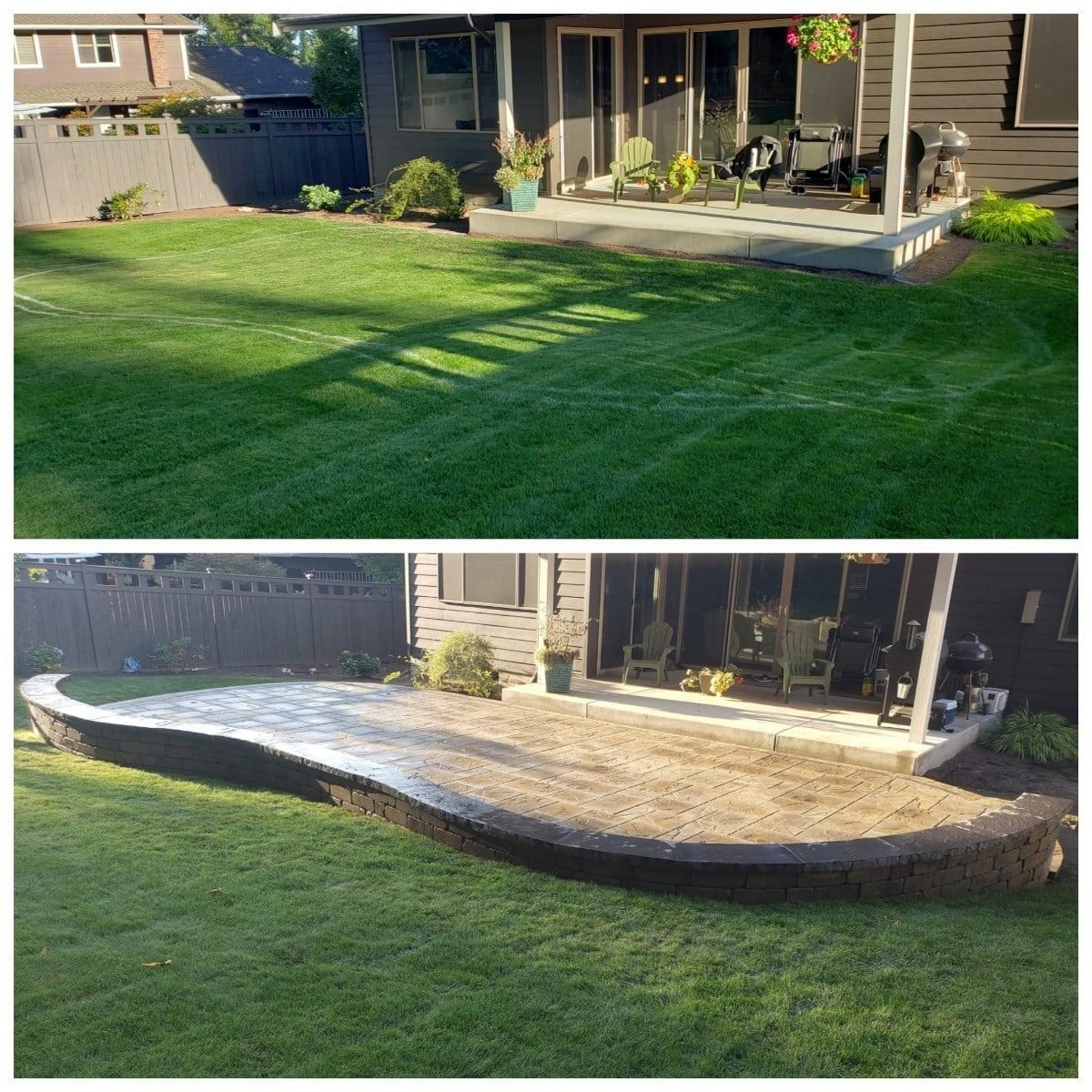 Before and after of a backyard. Top shows lawn and deck, bottom shows new stone patio with retaining wall.