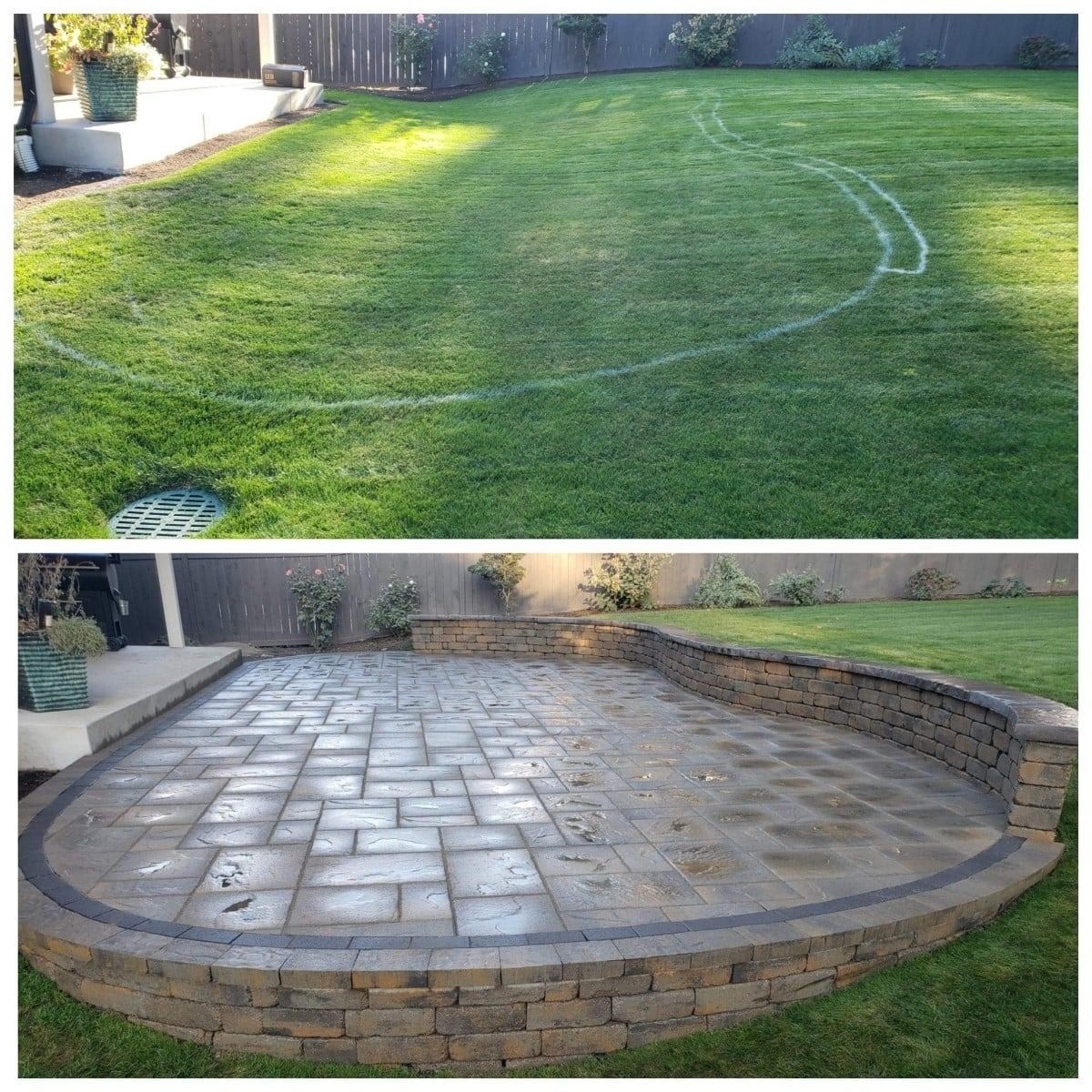 Before and after of a lawn transformed into a paved patio with a curved retaining wall.