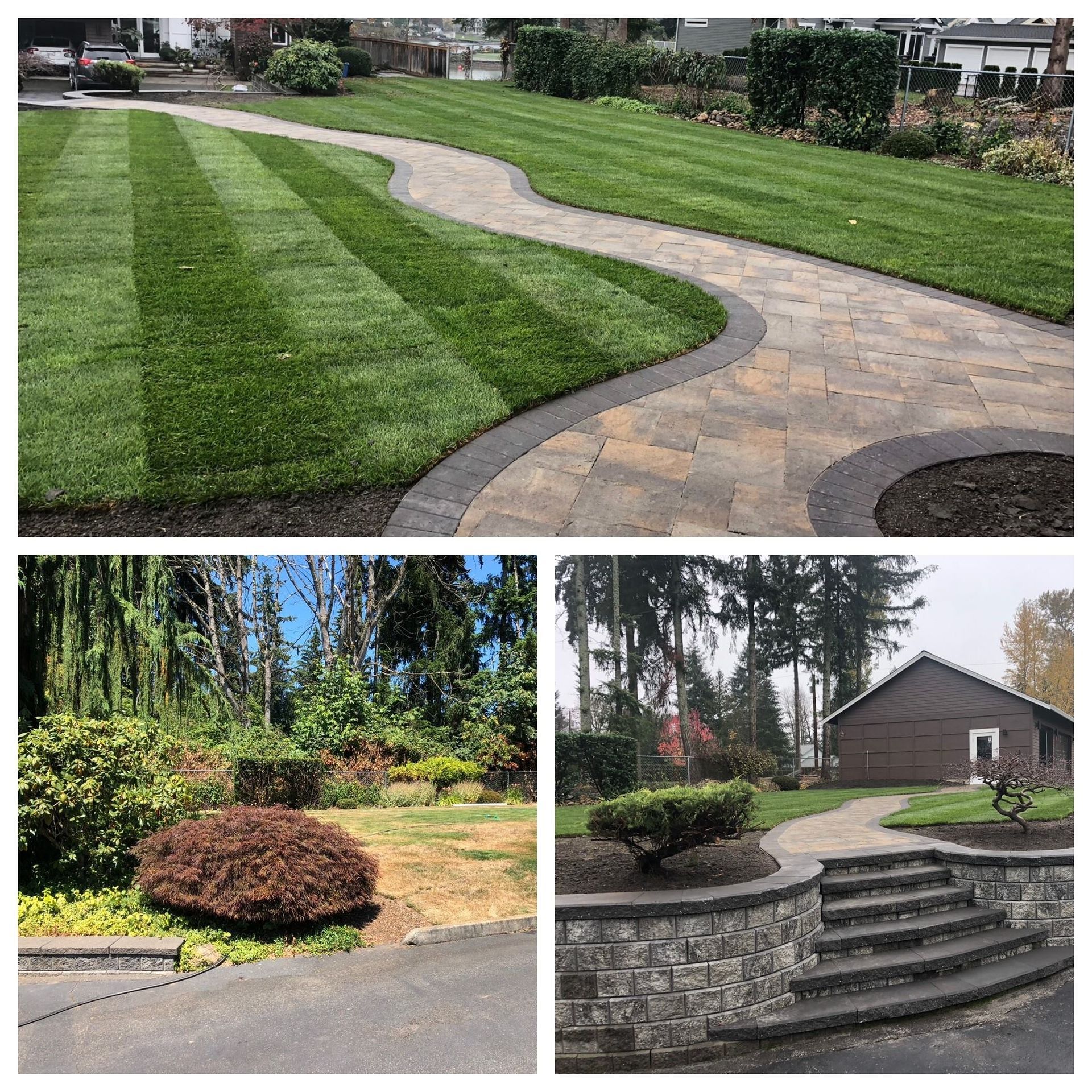 Landscaped yards with paths, lawns, shrubs, and steps.