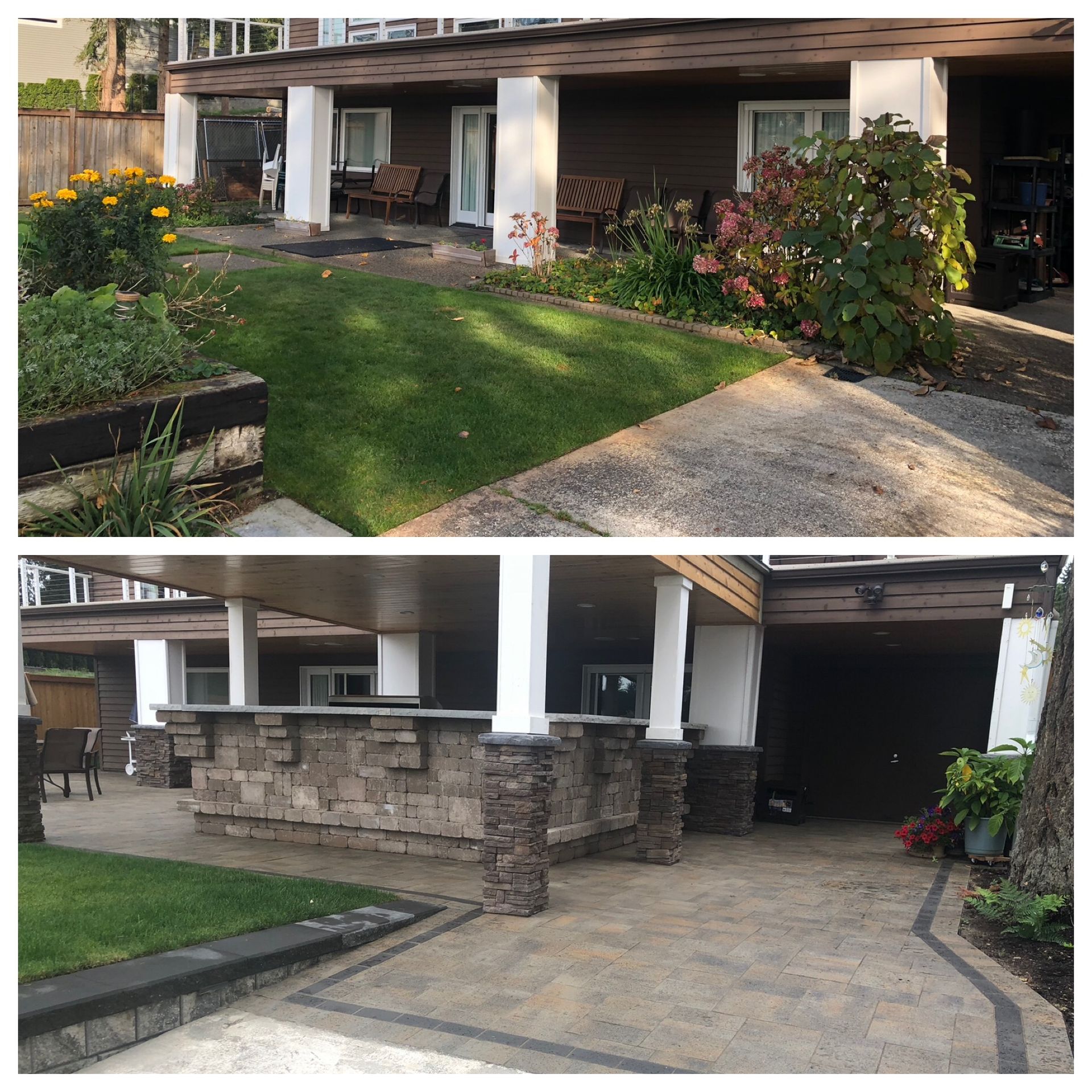 Before and after view of a home's outdoor area. Top: before, grass and flowers. Bottom: after, stone bar and patio.