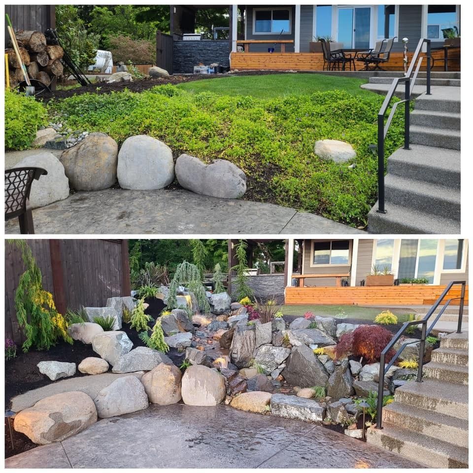 Before and after of a backyard landscaping project with rocks, a waterfall feature, and lush plants.