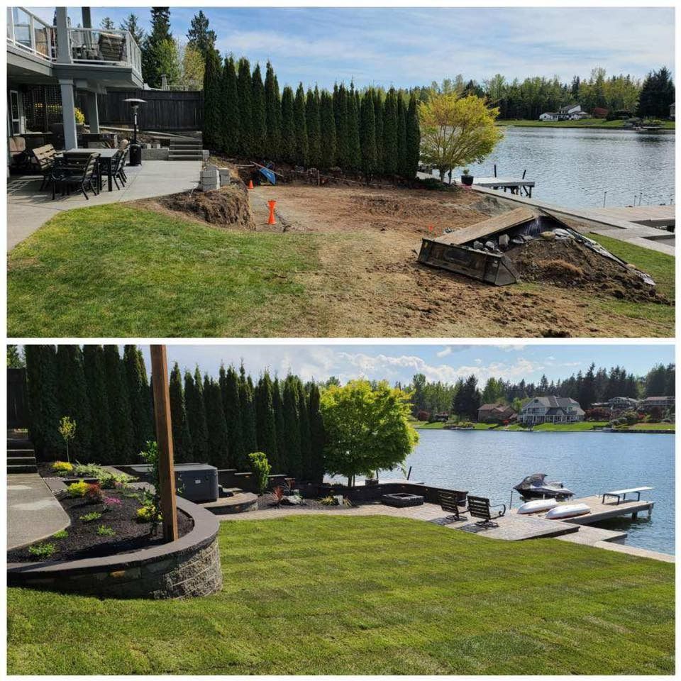 Before and after shots: Lakeside yard transformation. Green grass, stone wall, dock. Tall evergreens in the background.