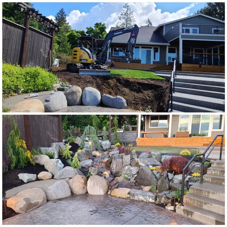 Before and after view of a backyard landscape project with an excavator and completed waterfall.