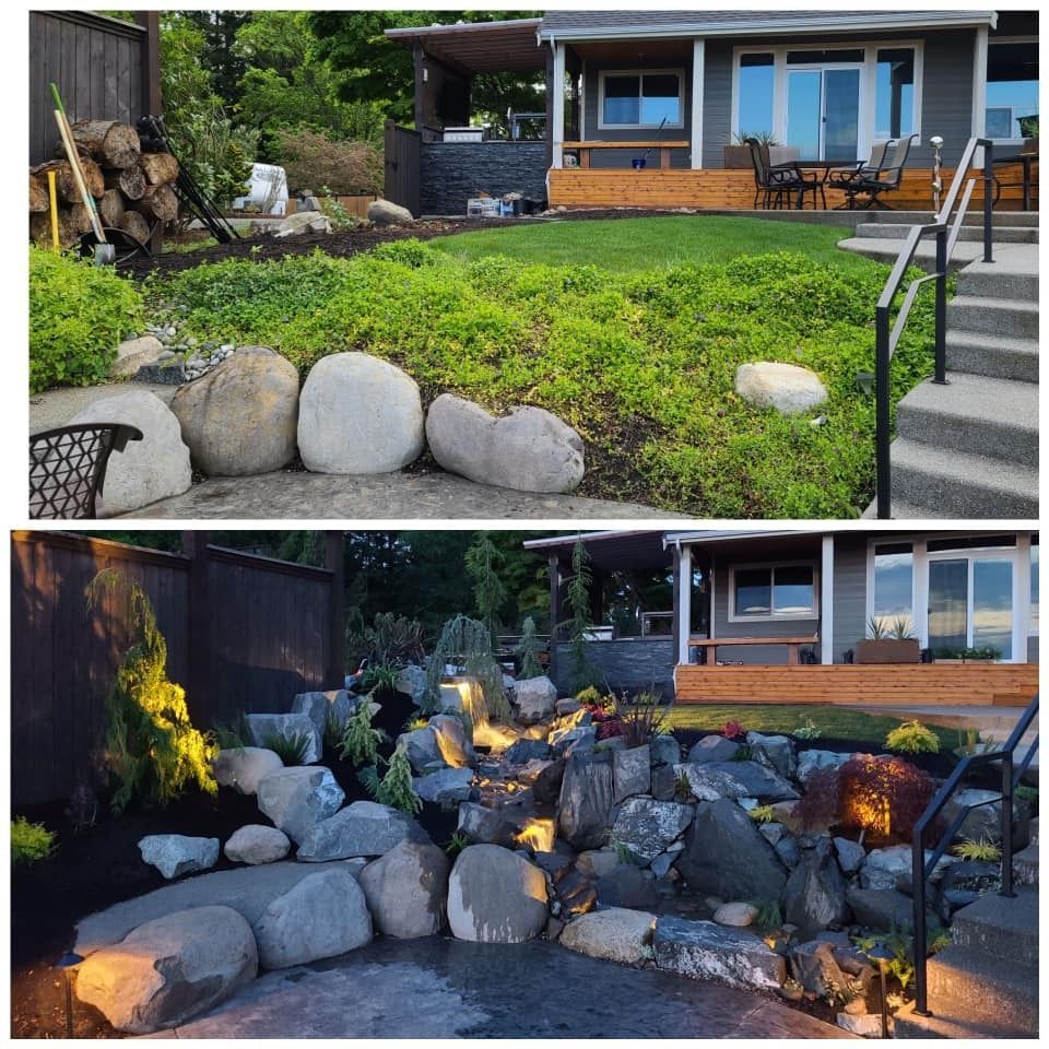 Before and after of backyard transformation with boulders, waterfall, and lights.