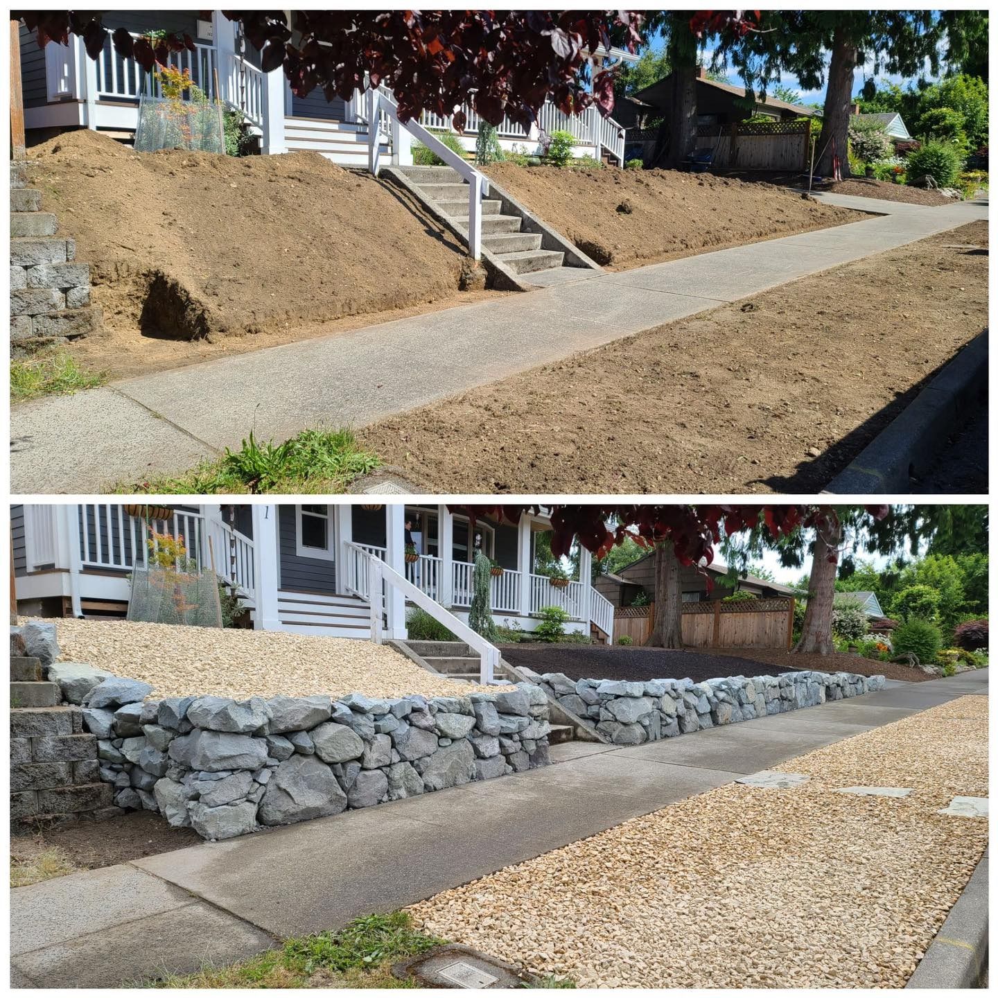 Before and after of a house's yard transformation: a dirt hill changes to a stone wall and gravel.