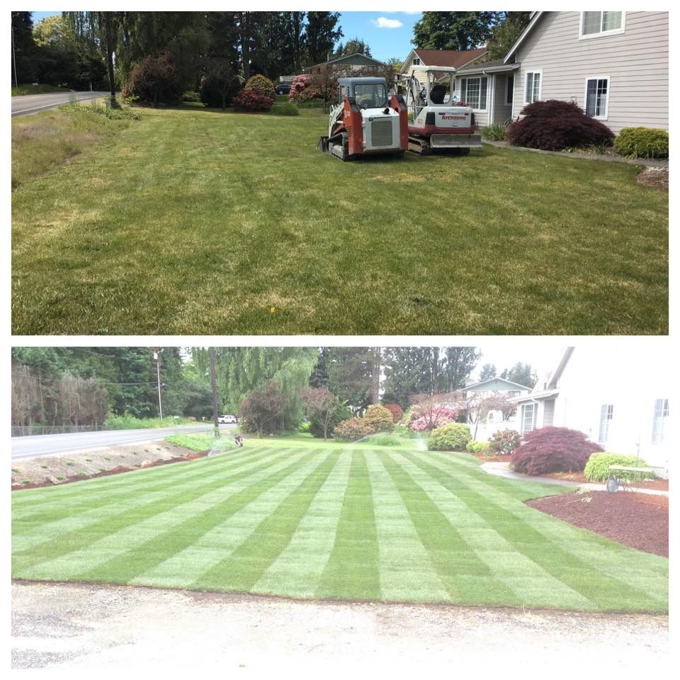 Top: a lawn being mowed by a small construction vehicle. Bottom: striped lawn with a neat cut.