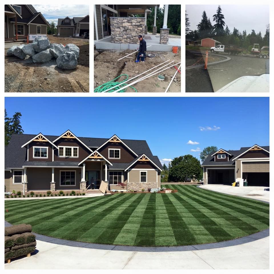 Construction of a house, from initial ground work to a finished home with striped green lawn.