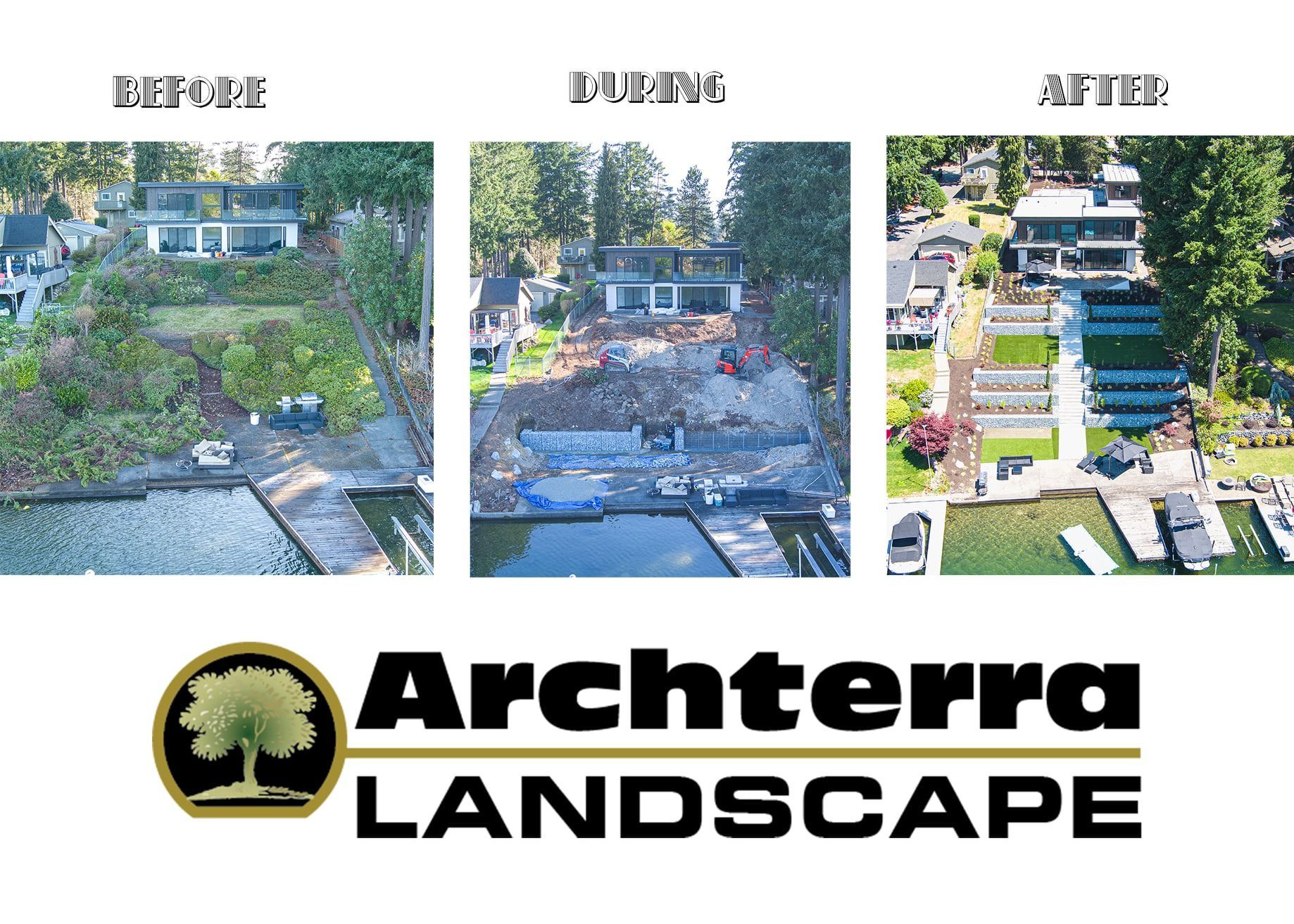 Before, during, and after photos of a waterfront landscape transformation with Archterra Landscape logo.