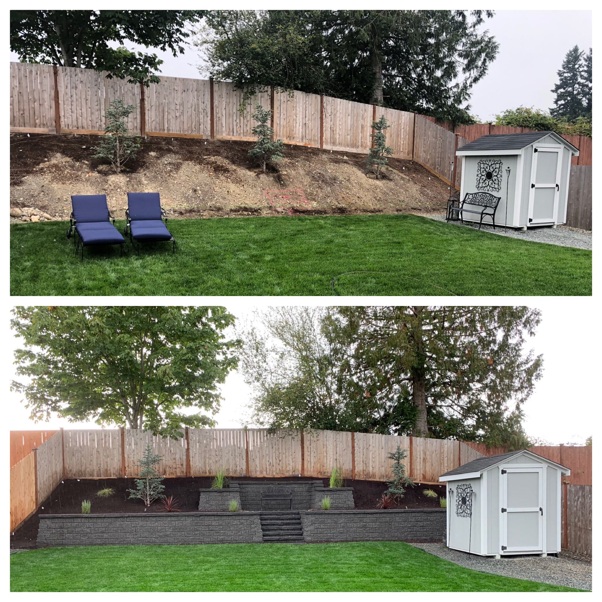 Before and after backyard transformation: retaining wall and landscaping replace a sloped hill.