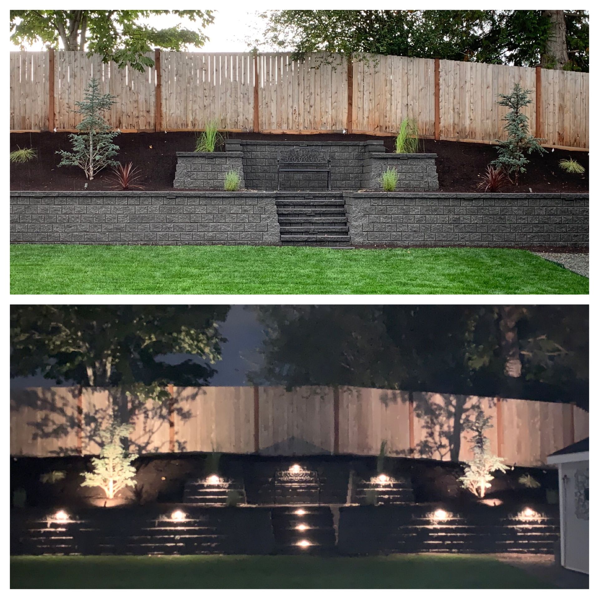 Day and night views of tiered retaining walls with steps and a wooden fence. Night view lit up.