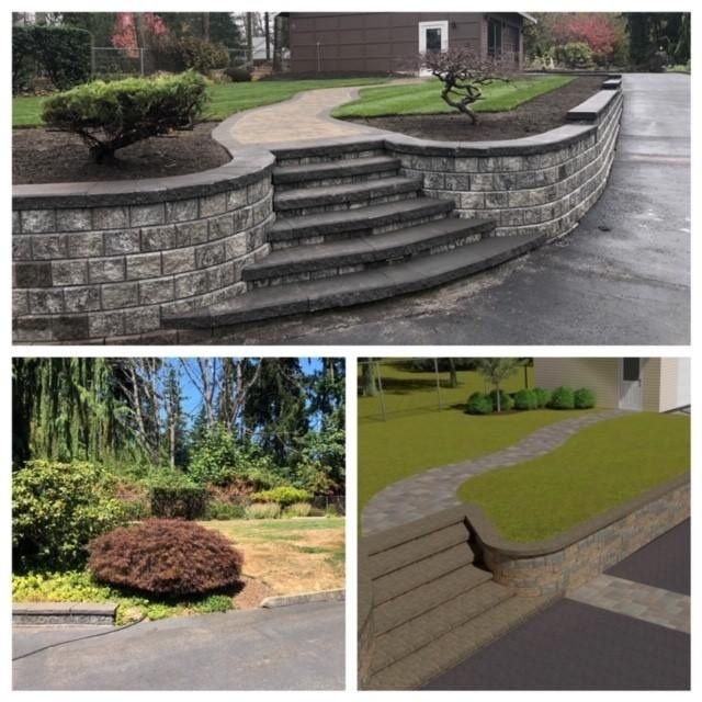 Composite of a landscaped yard with stone steps, a winding pathway, and retaining walls.