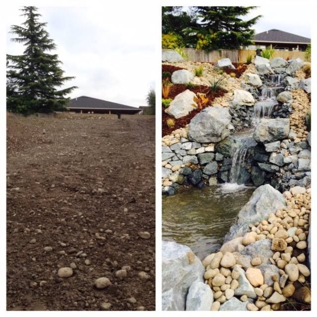 Before and after photos: barren land transforms into a waterfall feature with rocks and pond.