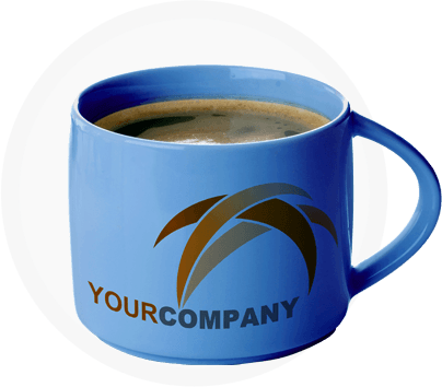 Coffee mug with a company logo