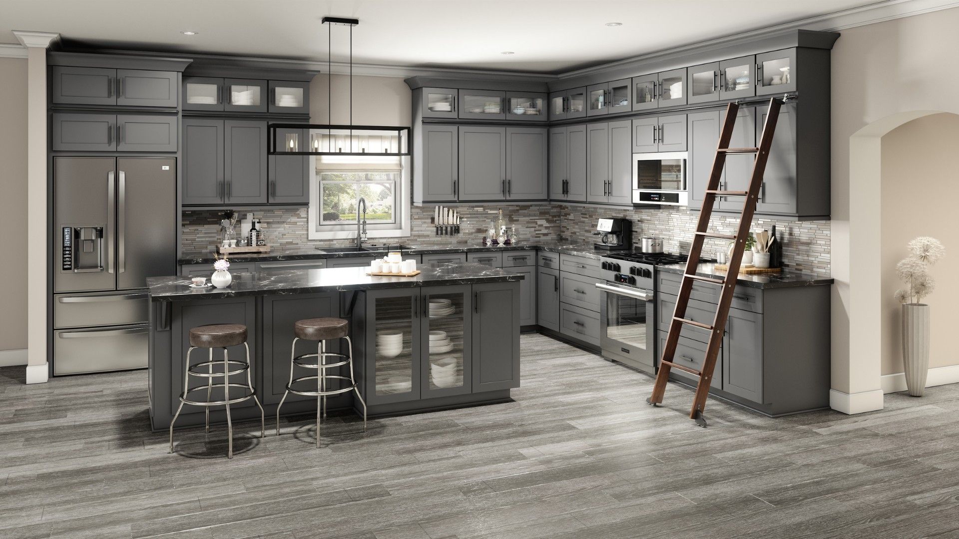 Gray open-concept kitchen with island, bar stools, ladder, and light wood flooring