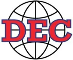 The red, block-lettered acronym "DEC" centered over a black-and-white globe graphic with grid lines.