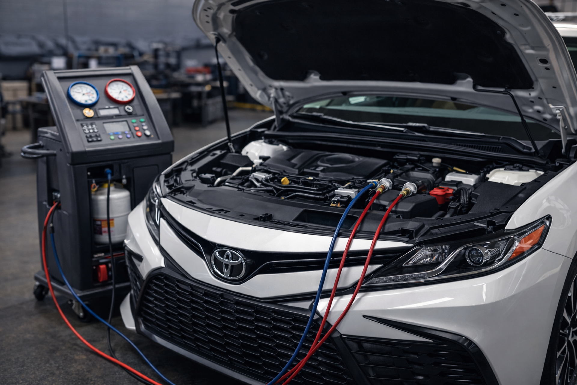 Mechanic in blue overalls working on a car raised on a lift in a shop, another person walks by.