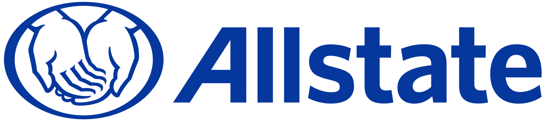Allstate logo: blue hands cupping inside a blue oval, next to blue