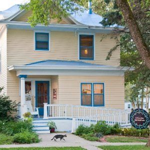 A cat is walking on the sidewalk in front of a house.