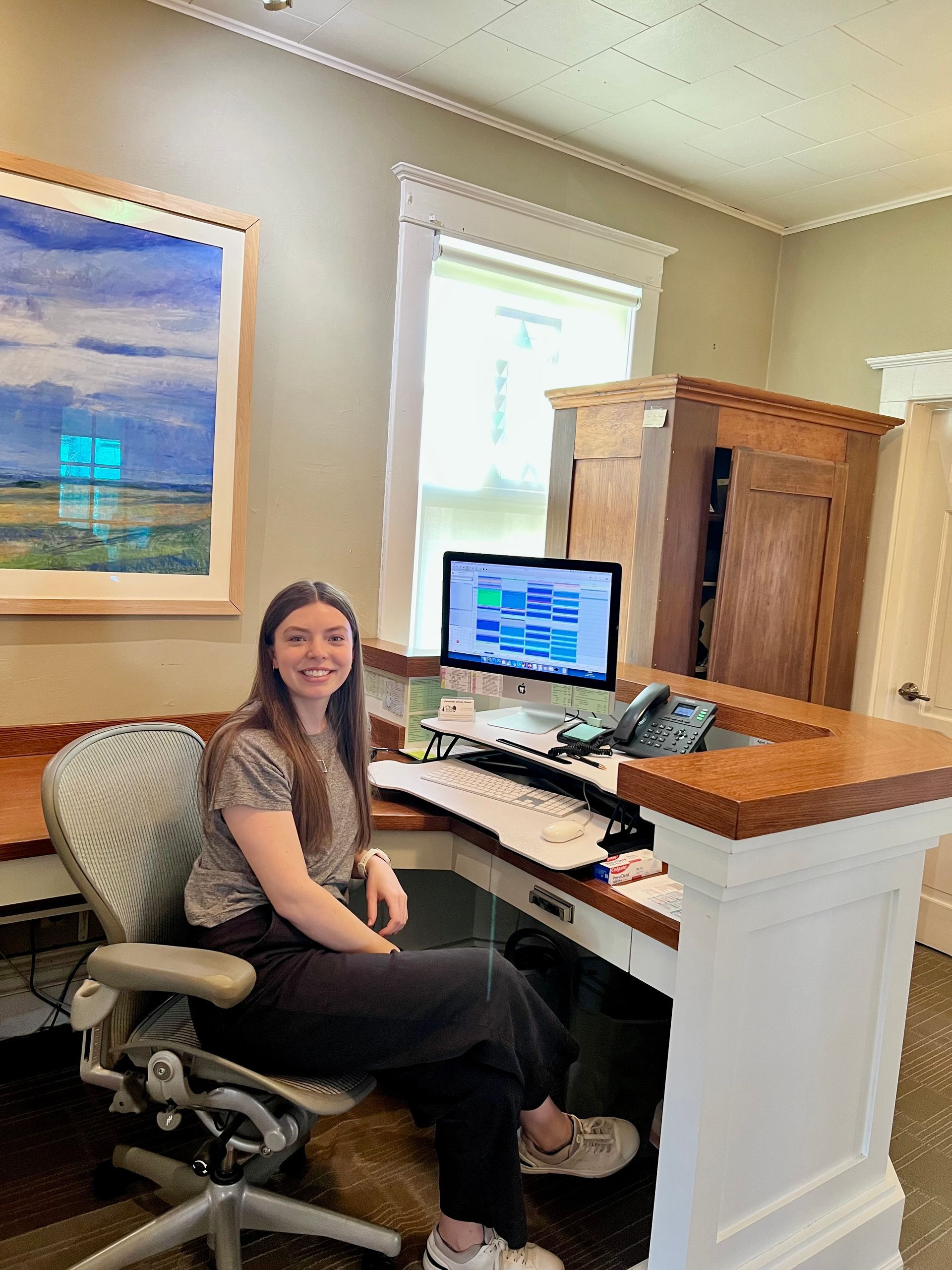 A woman is sitting at a desk in front of a computer.