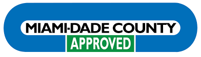 A miami dade county approved logo on a blue background