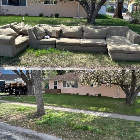 Beige sectional sofa set on a lawn in front of a pink house, shown before and after removal.
