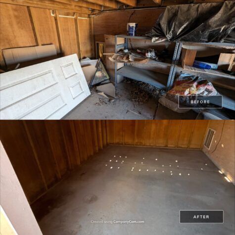 Garage before-and-after: cluttered wooden room cleared to an empty concrete floor.