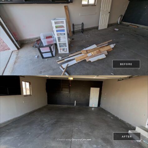 Garage interior “before and after” showing a cluttered space cleared to an empty, clean floor.