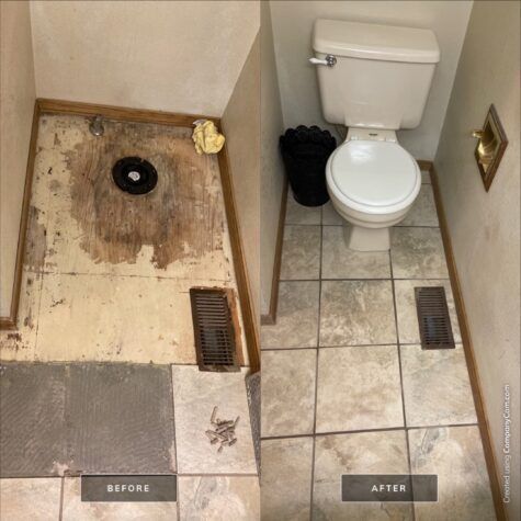 Before-and-after bathroom floor: dirty, damaged tile replaced with clean tan tile around a toilet.
