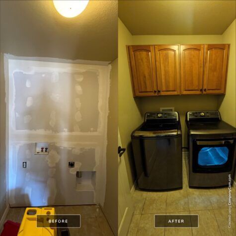 Laundry room before-and-after: unfinished wall on left, washer and dryer installed on right.