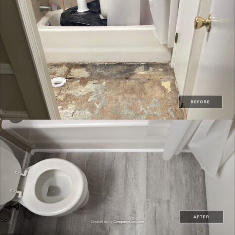 Bathroom floor before-and-after: damaged subfloor replaced with gray flooring around toilet and vanity.