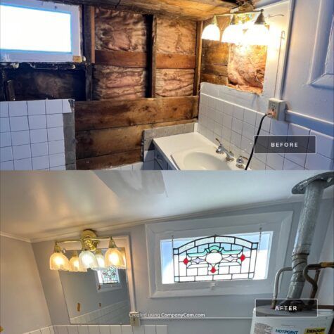 Bathroom renovation before-and-after: unfinished wall above sink and finished bath with stained glass window.